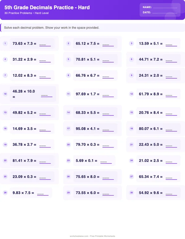 5th Grade Decimals Worksheets - Space Theme (Hard)