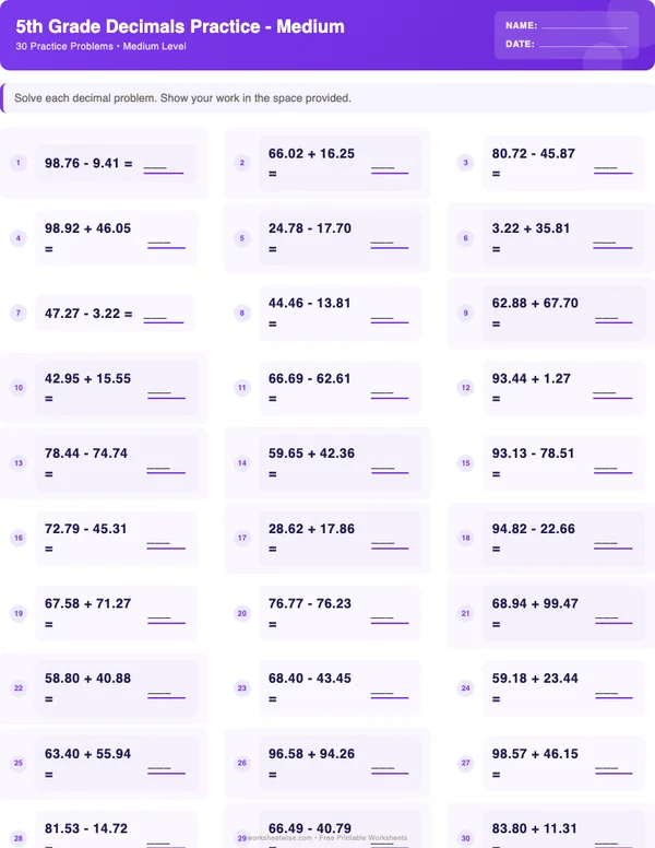 5th Grade Decimals Worksheets - Space Theme (Medium)