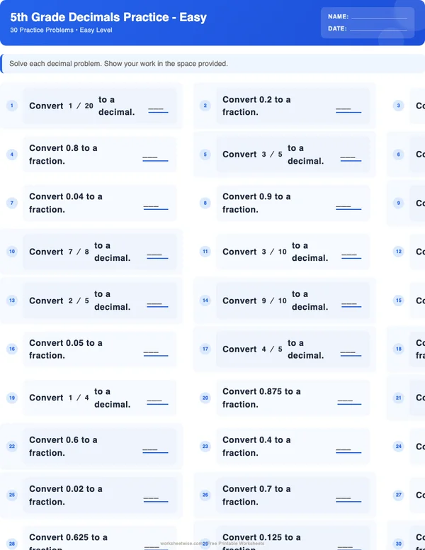 5th Grade Decimals Worksheets - Standard Theme (Easy)