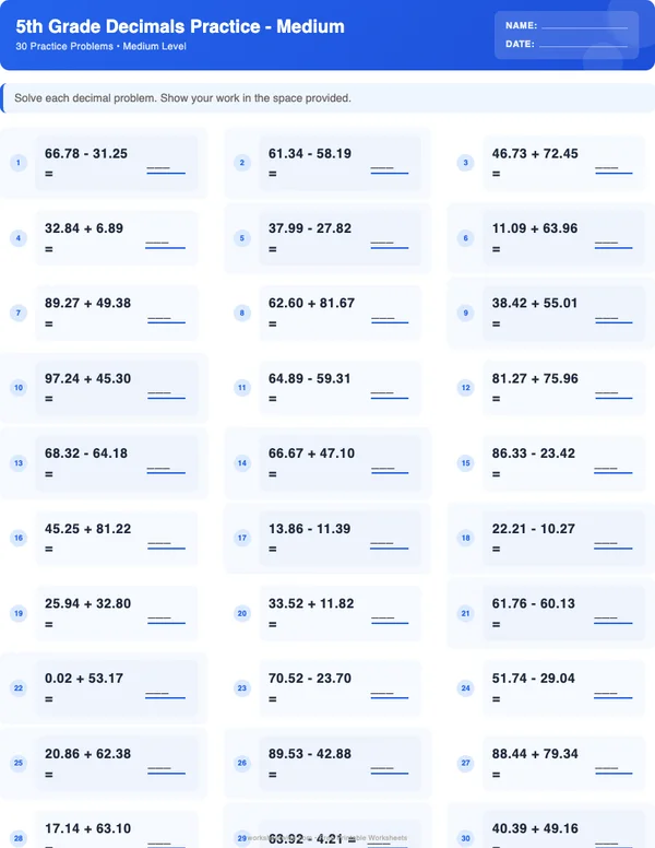 5th Grade Decimals Worksheets - Standard Theme (Medium)