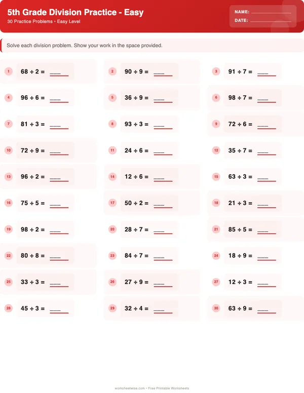 5th Grade Division Worksheets - Christmas Theme (Easy)