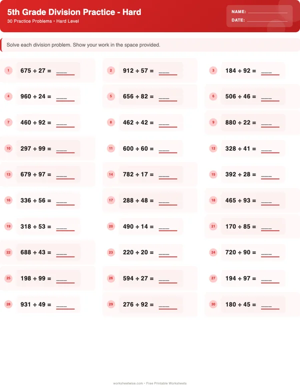 5th Grade Division Worksheets - Christmas Theme (Hard)