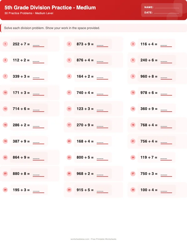 5th Grade Division Worksheets - Christmas Theme (Medium)