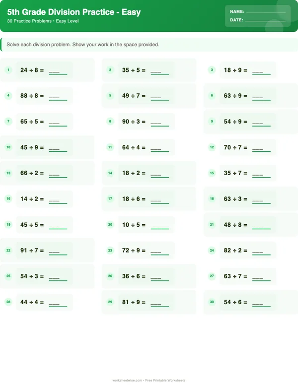 5th Grade Division Worksheets - Dinosaur Theme (Easy)