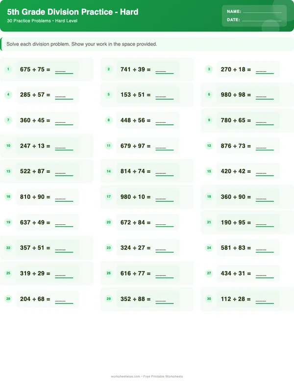 5th Grade Division Worksheets - Dinosaur Theme (Hard)