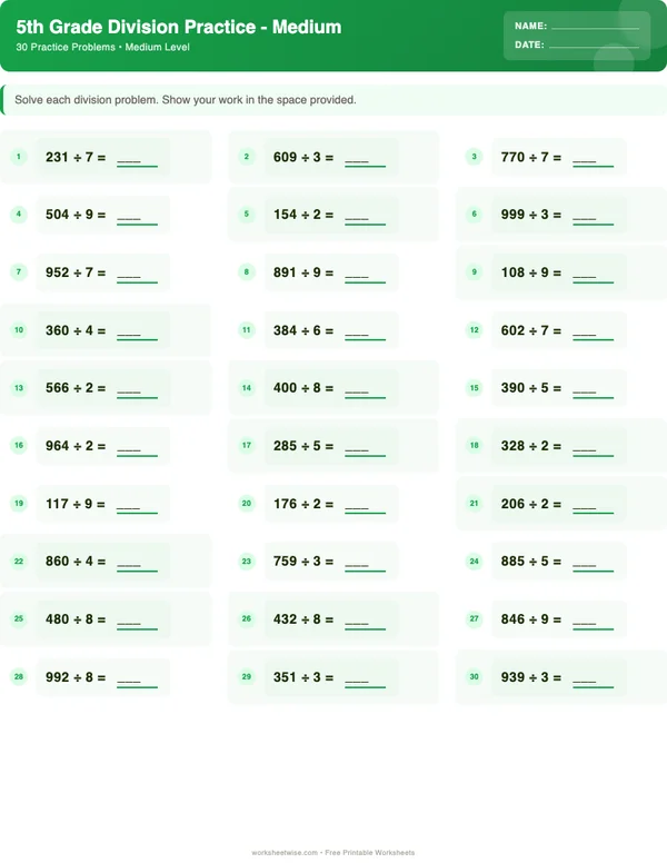 5th Grade Division Worksheets - Dinosaur Theme (Medium)