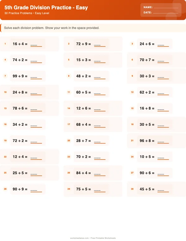 5th Grade Division Worksheets - Halloween Theme (Easy)