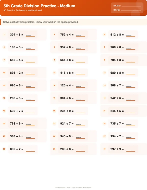 5th Grade Division Worksheets - Halloween Theme (Medium)