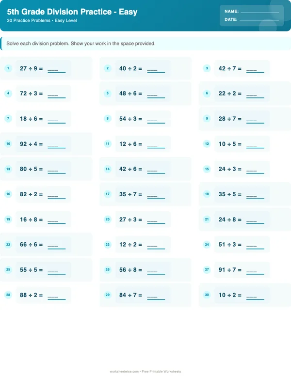 5th Grade Division Worksheets - Ocean Theme (Easy)