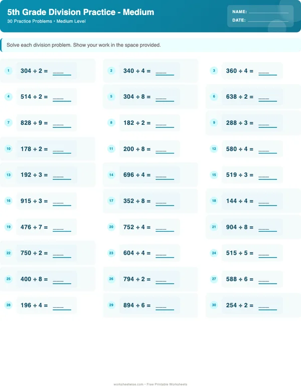 5th Grade Division Worksheets - Ocean Theme (Medium)