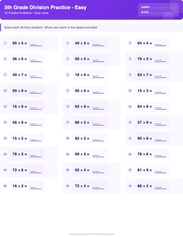 5th Grade Division Worksheets - Space Theme (Easy)