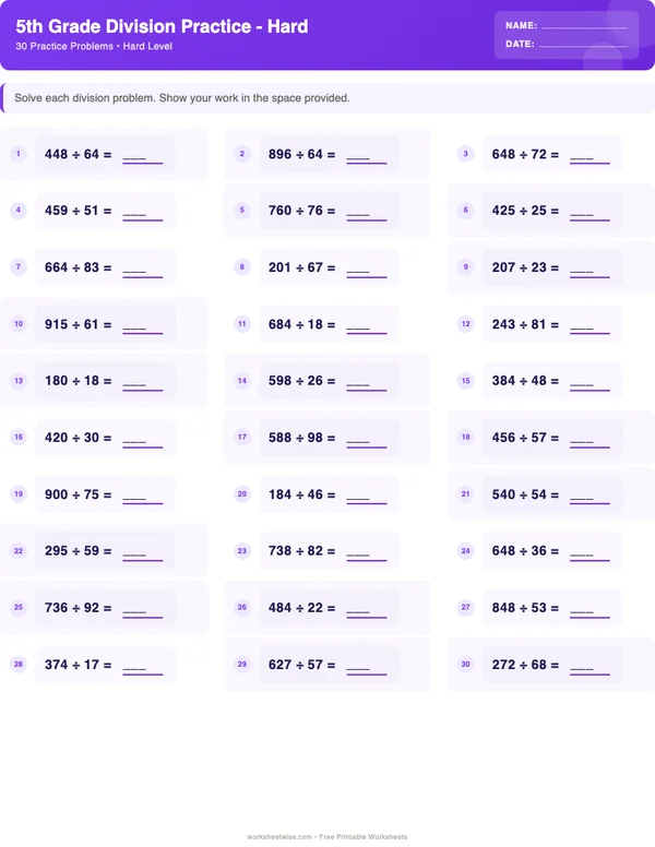 5th Grade Division Worksheets - Space Theme (Hard)