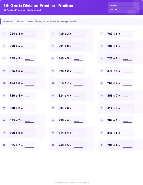 5th Grade Division Worksheets - Space Theme (Medium)