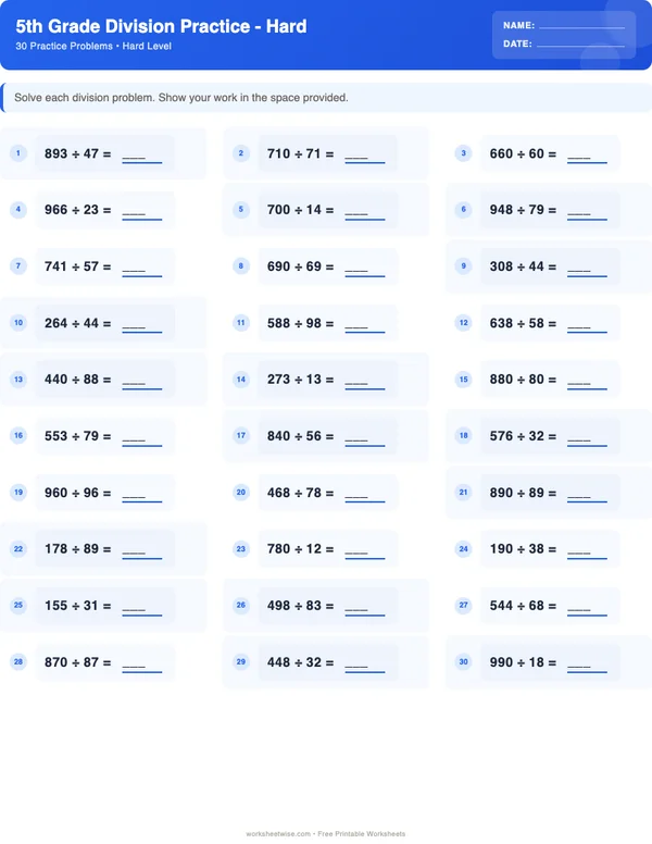 5th Grade Division Worksheets - Standard Theme (Hard)