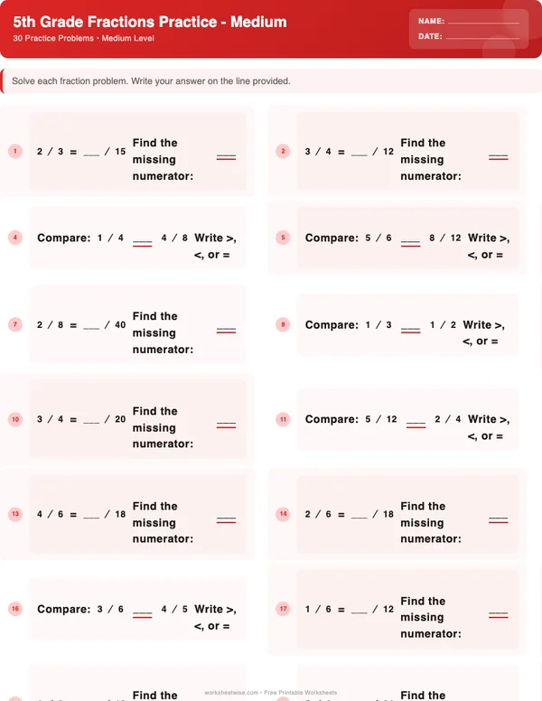 5th Grade Fractions Worksheets - Christmas Theme (Medium)