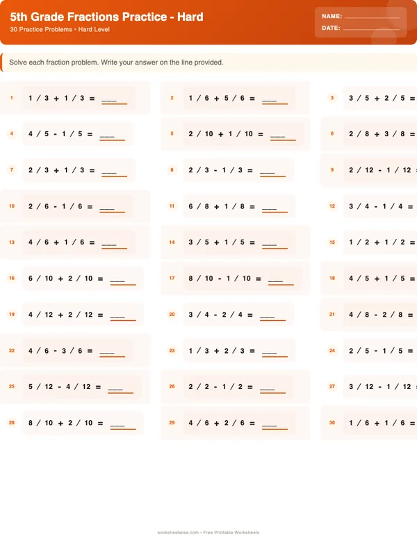 5th Grade Fractions Worksheets - Halloween Theme (Hard)