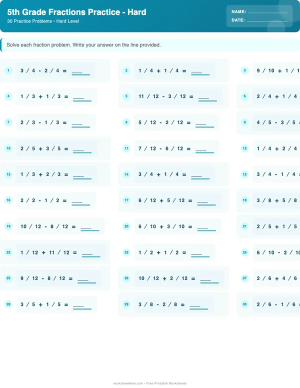 5th Grade Fractions Worksheets - Ocean Theme (Hard)