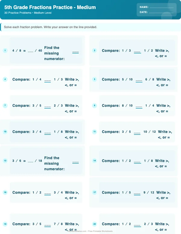 5th Grade Fractions Worksheets - Ocean Theme (Medium)
