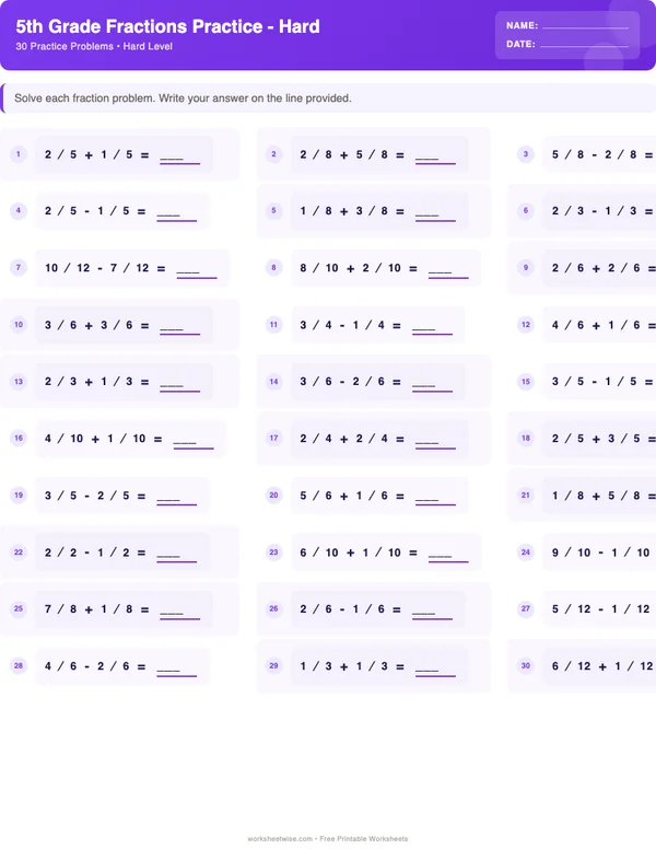 5th Grade Fractions Worksheets - Space Theme (Hard)