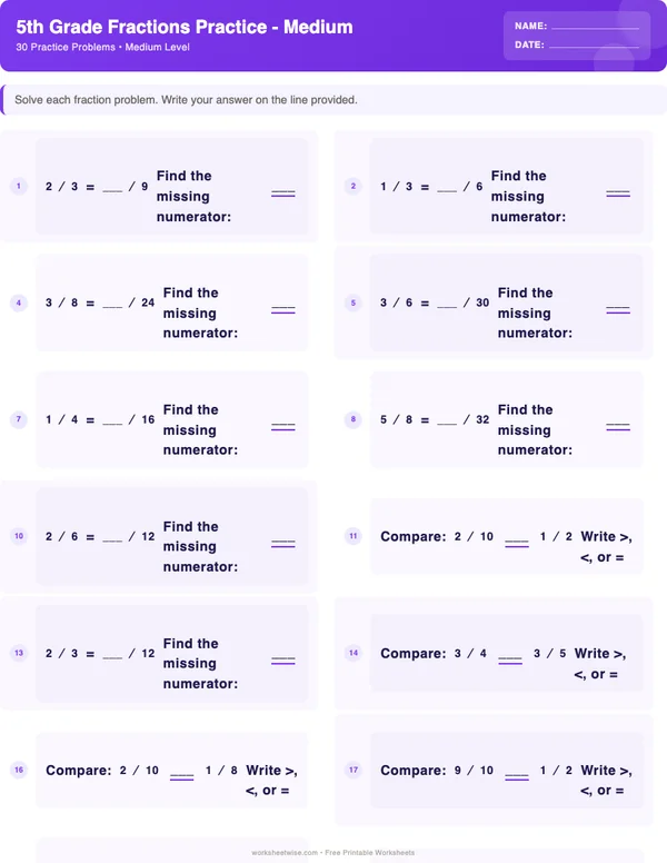 5th Grade Fractions Worksheets - Space Theme (Medium)