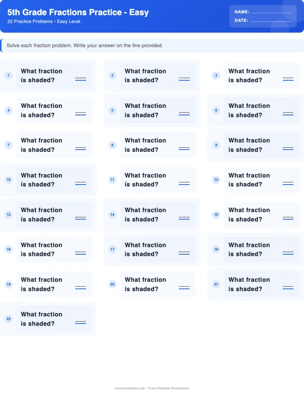 5th Grade Fractions Worksheets - Standard Theme (Easy)