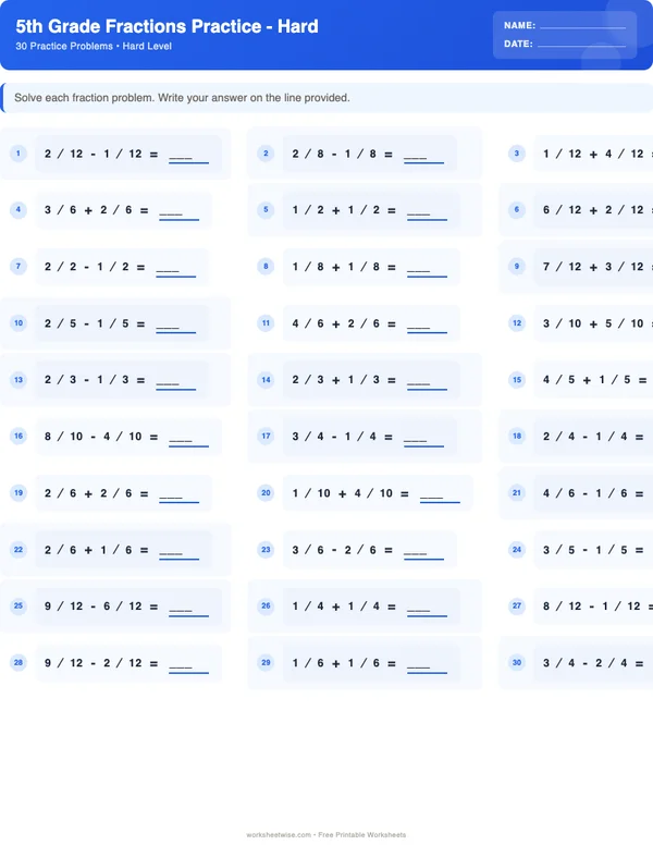 5th Grade Fractions Worksheets - Standard Theme (Hard)