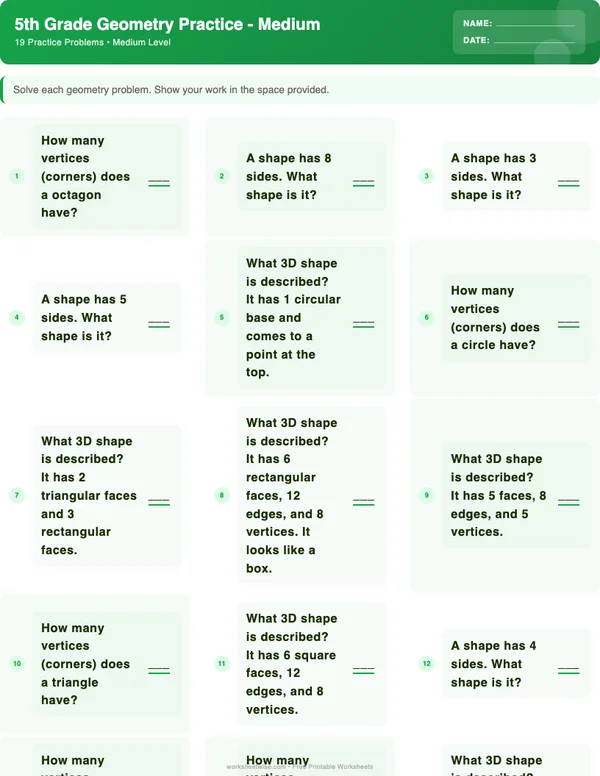 5th Grade Geometry Worksheets - Dinosaur Theme (Medium)