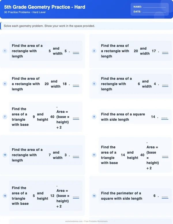 5th Grade Geometry Worksheets - Standard Theme (Hard)