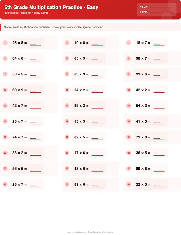 5th Grade Multiplication Worksheets - Christmas Theme (Easy)