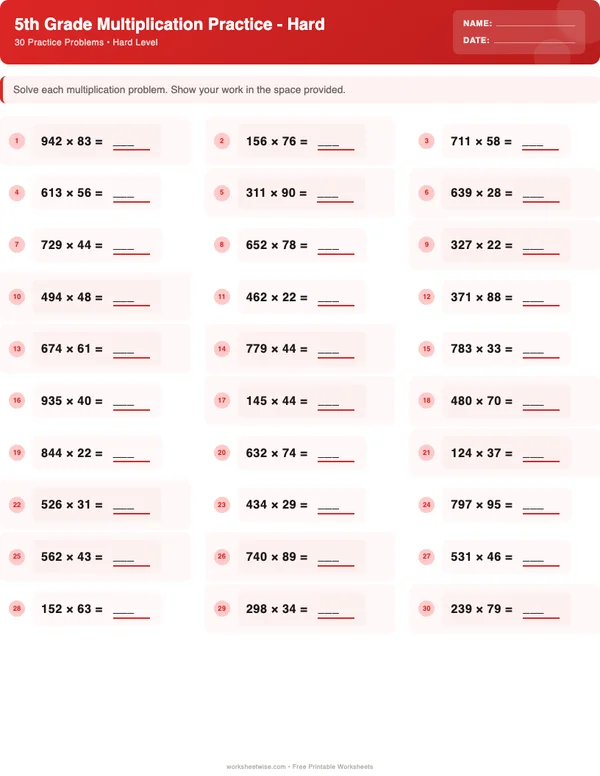 5th Grade Multiplication Worksheets - Christmas Theme (Hard)