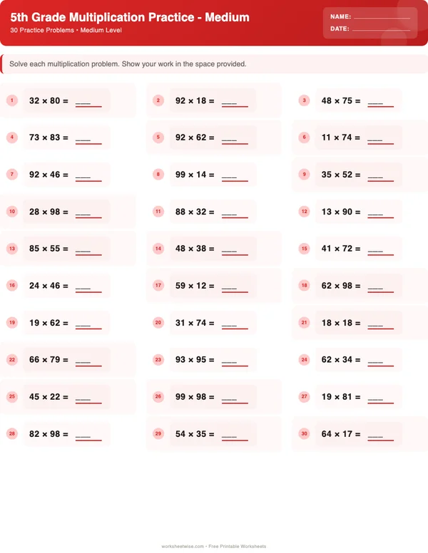 5th Grade Multiplication Worksheets - Christmas Theme (Medium)