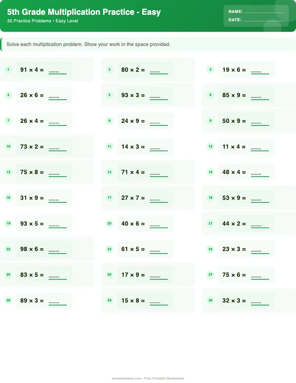 5th Grade Multiplication Worksheets - Dinosaur Theme (Easy)
