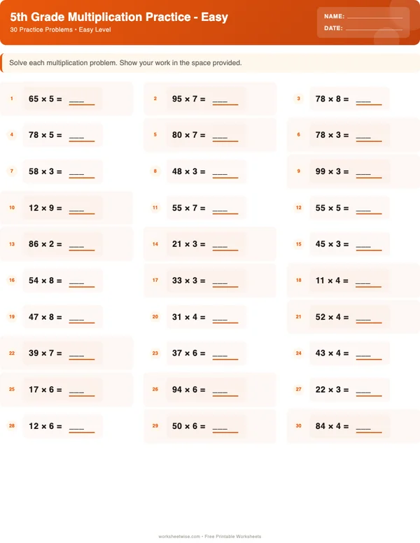 5th Grade Multiplication Worksheets - Halloween Theme (Easy)