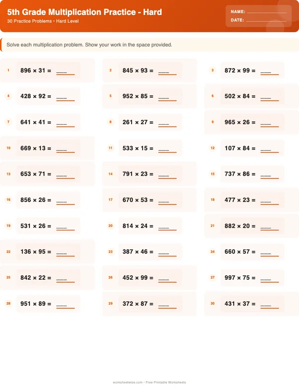 5th Grade Multiplication Worksheets - Halloween Theme (Hard)