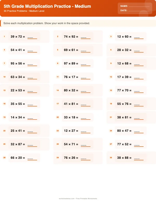 5th Grade Multiplication Worksheets - Halloween Theme (Medium)