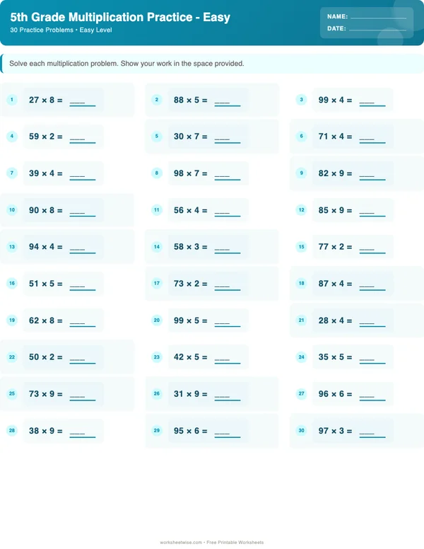 5th Grade Multiplication Worksheets - Ocean Theme (Easy)