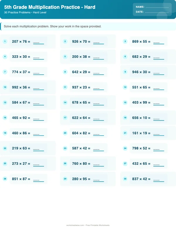 5th Grade Multiplication Worksheets - Ocean Theme (Hard)