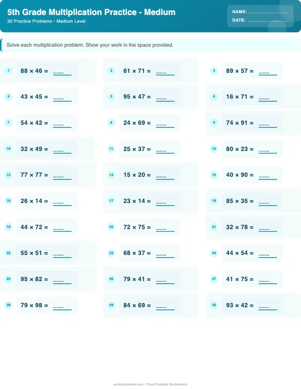 5th Grade Multiplication Worksheets - Ocean Theme (Medium)