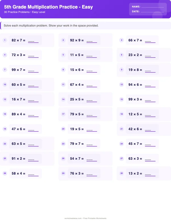5th Grade Multiplication Worksheets - Space Theme (Easy)