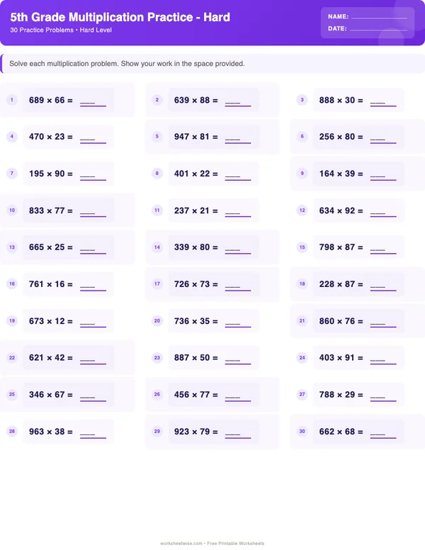 5th Grade Multiplication Worksheets - Space Theme (Hard)