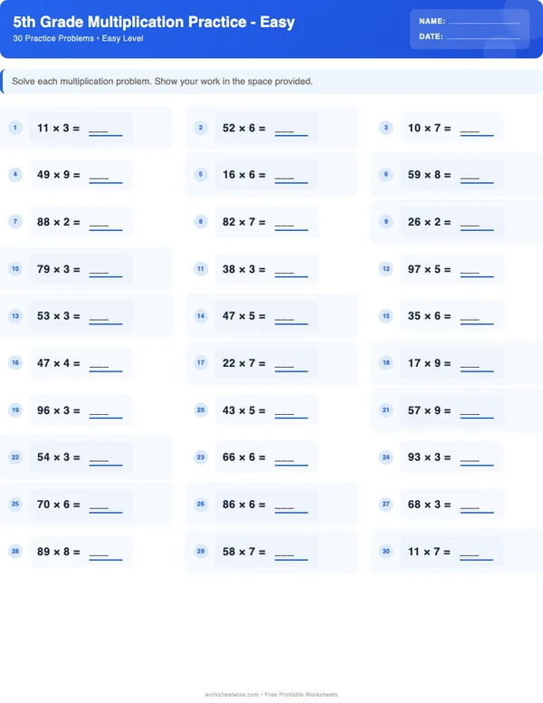 5th Grade Multiplication Worksheets - Standard Theme (Easy)
