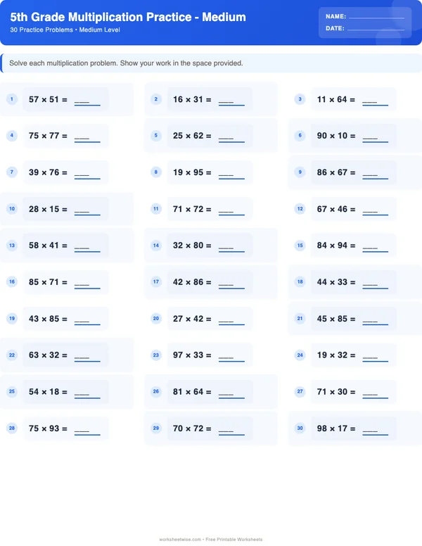 5th Grade Multiplication Worksheets - Standard Theme (Medium)