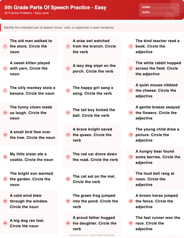 5th Grade Parts of Speech Worksheets - Christmas Theme (Easy)