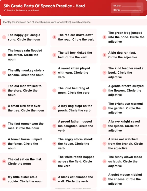 5th Grade Parts of Speech Worksheets - Christmas Theme (Hard)