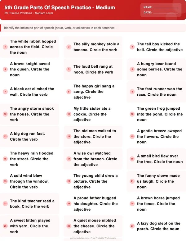 5th Grade Parts of Speech Worksheets - Christmas Theme (Medium)