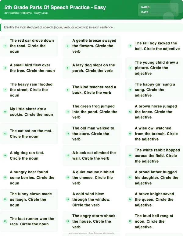 5th Grade Parts of Speech Worksheets - Dinosaur Theme (Easy)