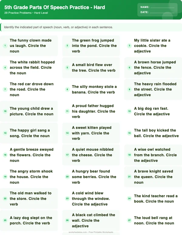 5th Grade Parts of Speech Worksheets - Dinosaur Theme (Hard)