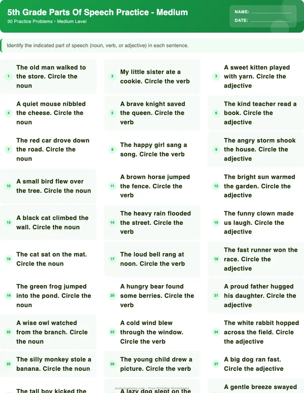 5th Grade Parts of Speech Worksheets - Dinosaur Theme (Medium)