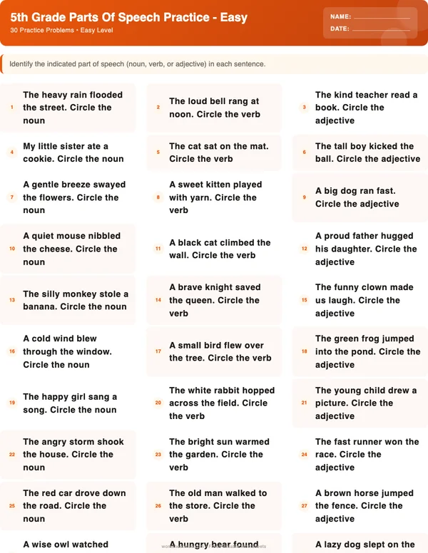 5th Grade Parts of Speech Worksheets - Halloween Theme (Easy)