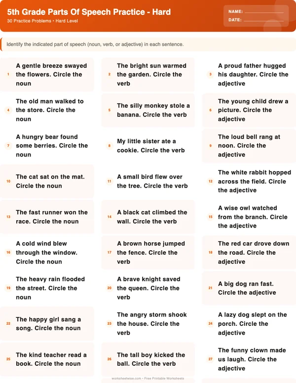 5th Grade Parts of Speech Worksheets - Halloween Theme (Hard)